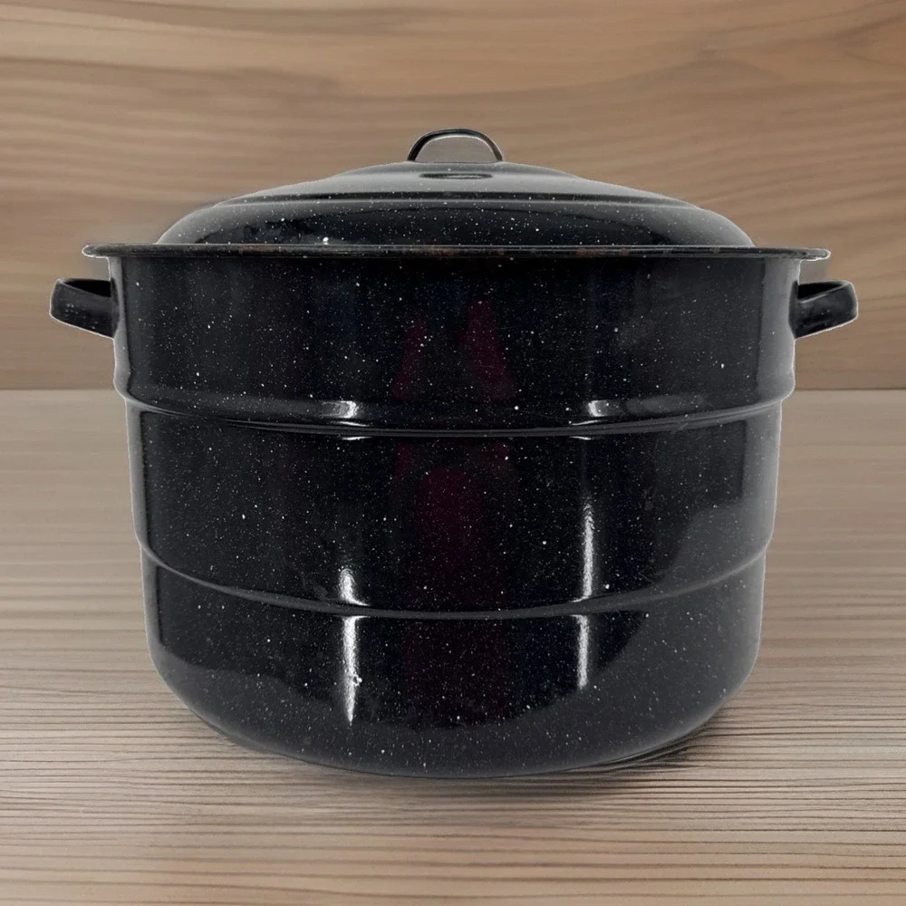 Speckled Black Enamel Graniteware Stock Pot With Lid Steamer 21 Qt  XLG Vintage